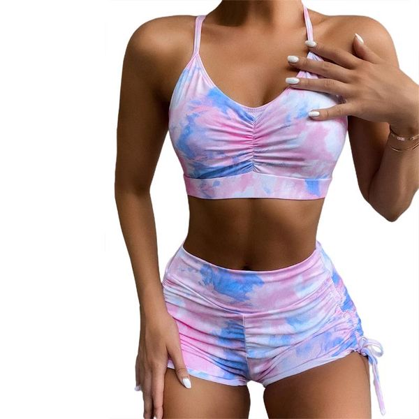 

women's swimwear women swimwears bikini set shirt boxer suit wrapped chest high waist pool party lace-up pleated 2 pieces swimsuit, White;black