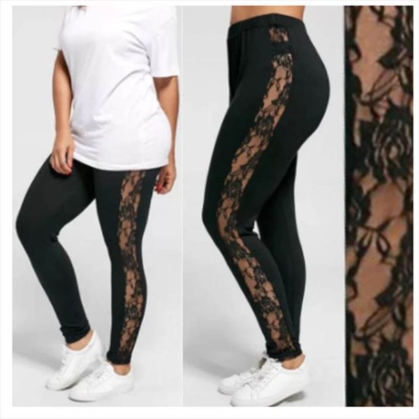 

plus size l 3xl womens leggings lace trousers sheer floral print elastane hollow out female clothing, Black
