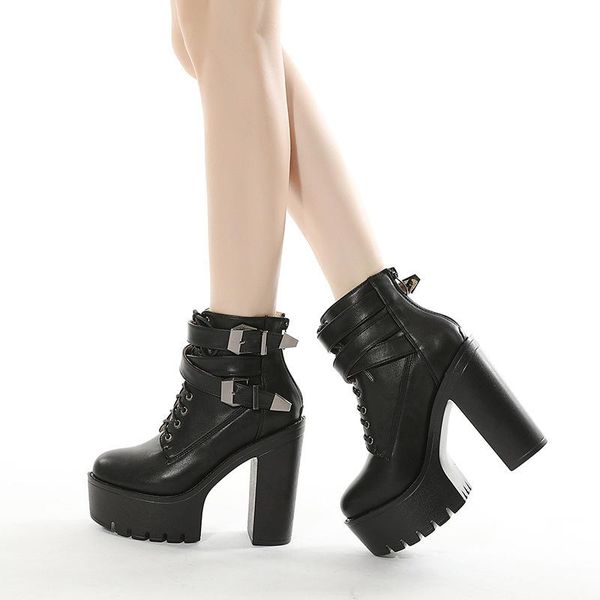 

boots 2021 large strap platform women's shoes with thick and high heels, Black
