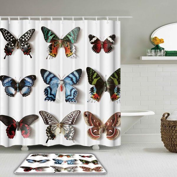 

2pcs/set butterfly bathroom shower curtains set flowers with hooks waterproof bath non-slip mat toilet decor