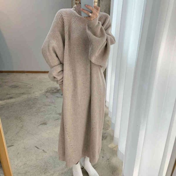 

casual dresses women winter turtleneck oversize knitted long sweater dress raglan sleeve straight pit bar pullover yzsu, Black;gray