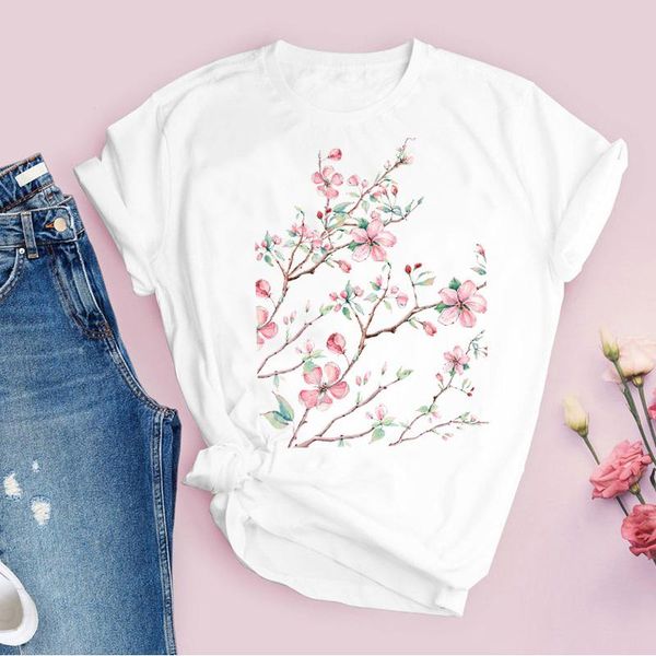 

women's t-shirt t shirt women graphic flower floral fashion casual cute 90s style vintage lady tees print clothing female, White