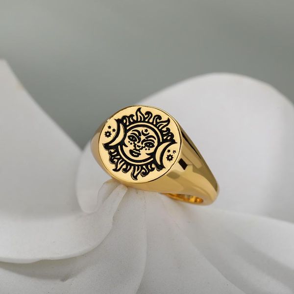 

wedding rings vintage sun face for women stainless steel star moon punk aesthetic couple ring fashion accessories jewelry gothic gift, Slivery;golden