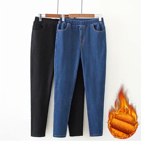 

women winter warm jeans high waist elastic belt mom plus velvet slim skinny pencil pants size 5xl 210922, Blue