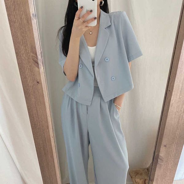 

temperament korean chic lapel double-breasted short sleeve blazer coat loose high waist wide leg tailored trousers pant suits 210610, White