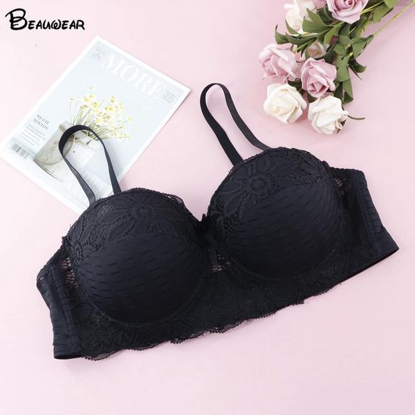 

bras beauwear strapless floral lace bra for women plus size underwear b c d cup demi unlined lounge female lingeries, Red;black