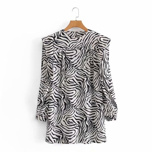 

elegant women zebra-stripe dress fashion ladies shoulder pads vestidos streetwear female chic puff sleeve mini dresses 210427, Black;gray