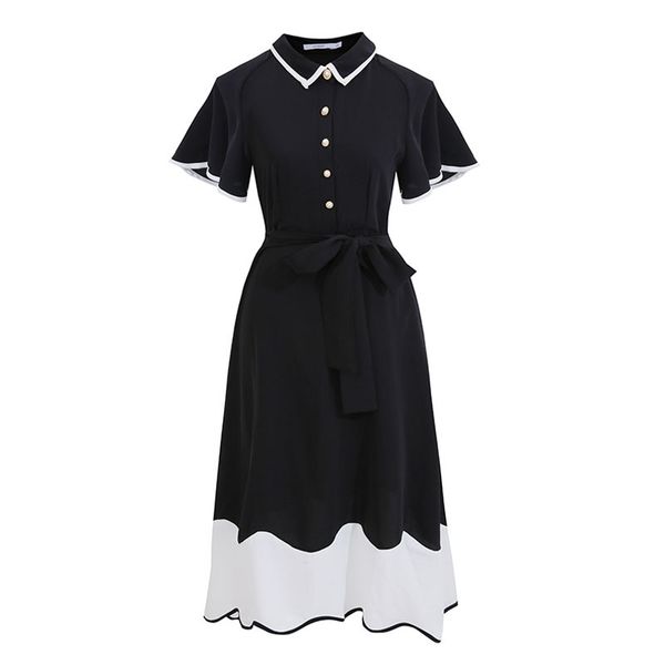 

women black white patchwork turn down collar button short sleeve fit and flare midi dress elegant vintage d1040 210514, Black;gray