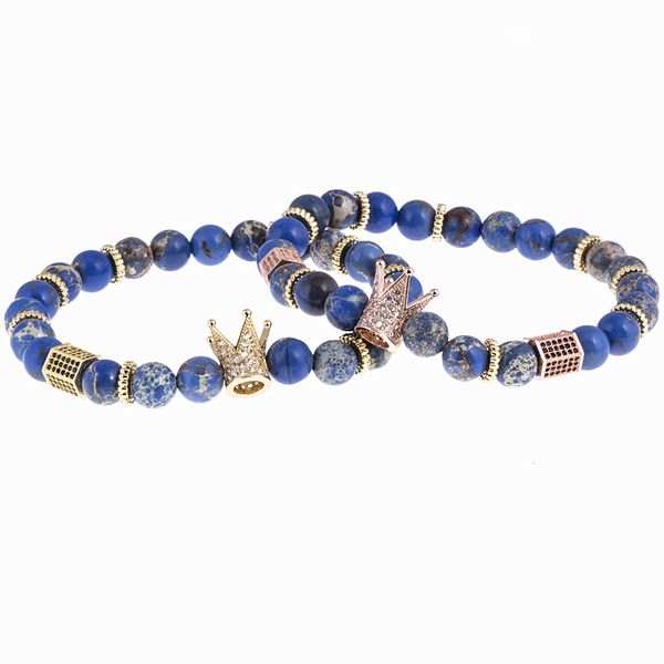

attyirena brand trendy imperial cz paved crown charm bracelets natural blue emperor stone beads women men jewelry pulseras mujerbracelets, Golden;silver
