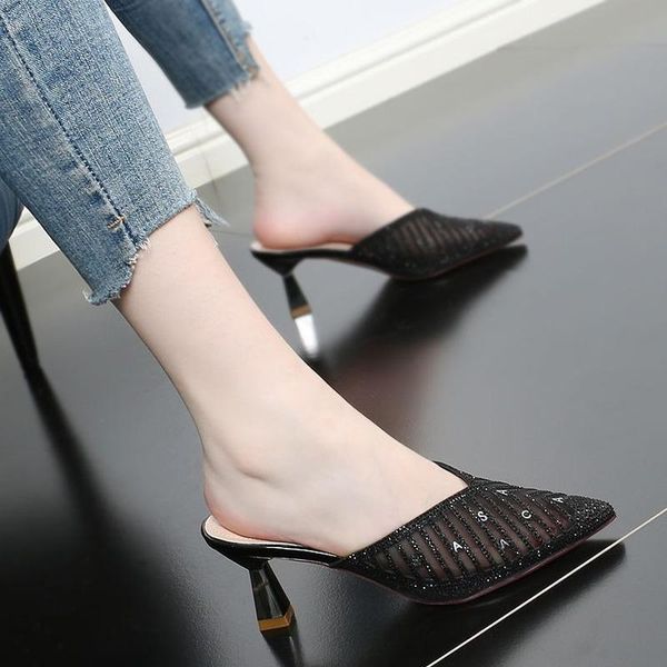 

slippers summer baotou half women's pointed net yarn rhinestone stiletto high-heeled fashion sandals 2021 shoes, Black