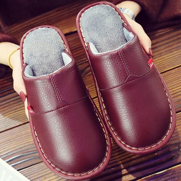 

slippers pu leather home for male winter indoor shoes short plush man house basic, Black