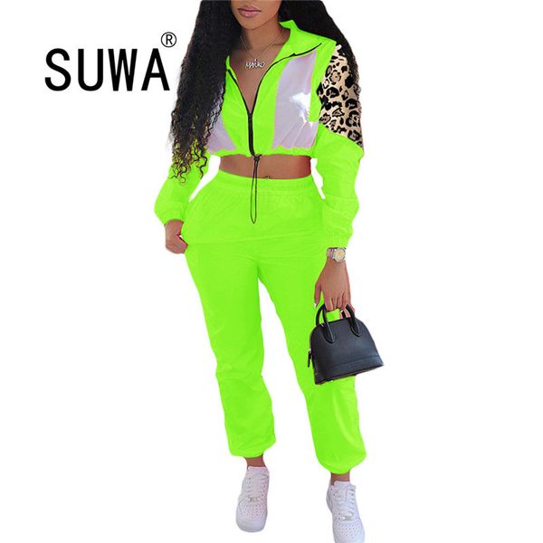 Trendy Chic Yeşil Neon Spor Kadınlar Için 2 Adet Kıyafetler Eşleştirme Setleri Fermuar Uzun Kollu Ceket Kaban Baggy Pantolon Serin Kız 210525