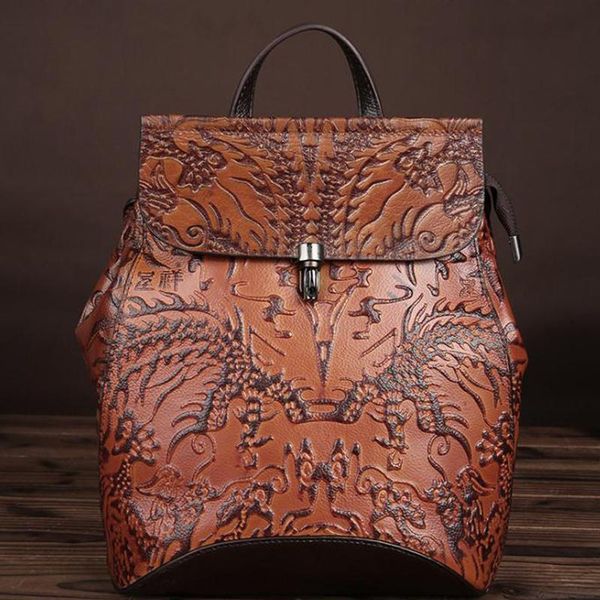 

backpack travel women embossed floral fashion vintage genuine leather backpacks gift large capacity bag