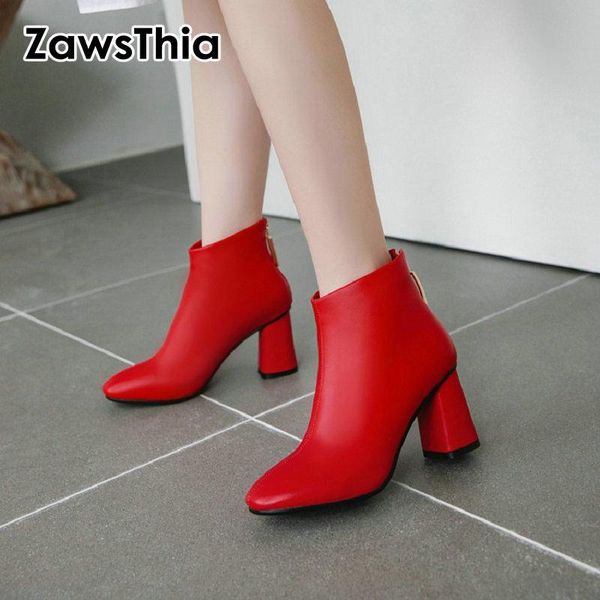 

boots zawsthia 2021 winter red white woman block heels faux leather women motorcycle ankle, Black