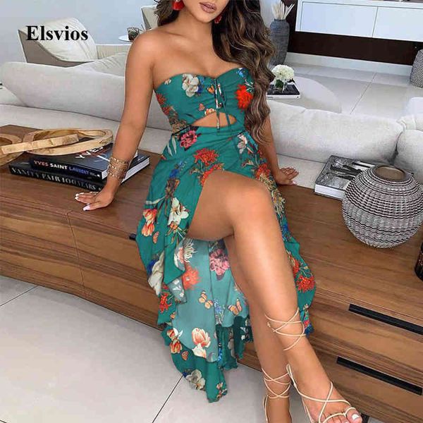 

floral print strapless women party dress fashion hollow out split long dress elegant sleeveless beach summer dress vestidos x0521, Black;gray