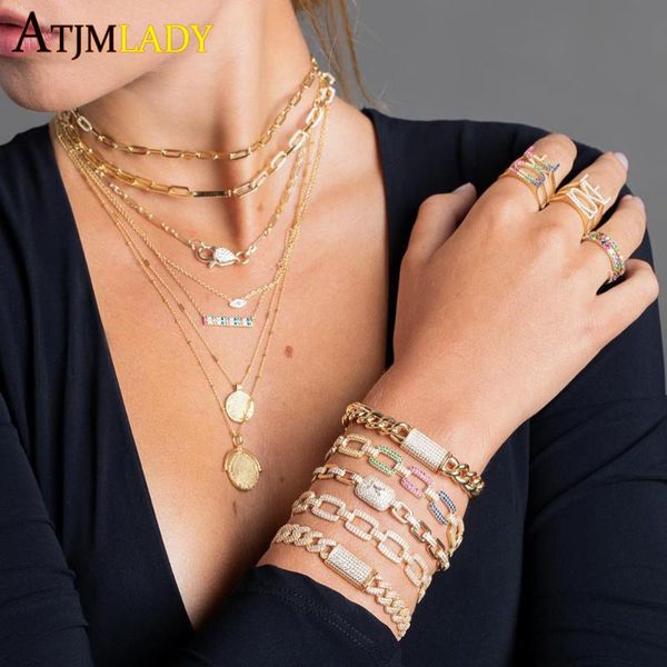 

pendant necklaces 2021 summer square link chain iced out bling sparking cubic zirconia cz women gold filled 45cm modern simple necklace, Silver
