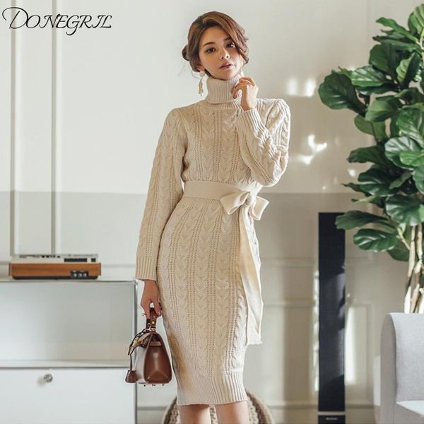 

casual dresses 2021 autumn winter striped high neck lace up women sweater dress slim waist solid knitted pullover female vestidos, Black;gray