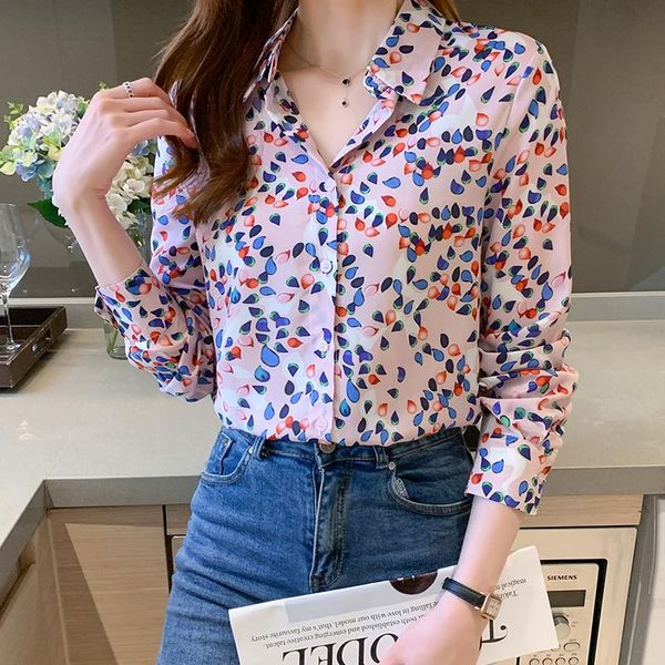 

women's blouses & shirts autumn silk printed 2021 fashion satin plain crepe long sleeve womens and chiffon ol button up shirt, White