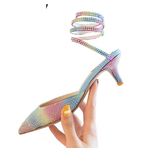 

sandals pointed toe sandals for women ankle straps high heels patchwork rainbow glittery bling crystal fairy pumps 2535, Black