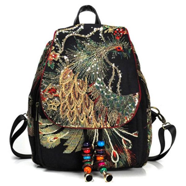 

outdoor bags selling vintage backpack phoenix embroideried beads women knapsack daypack travel shoulder bag -b5