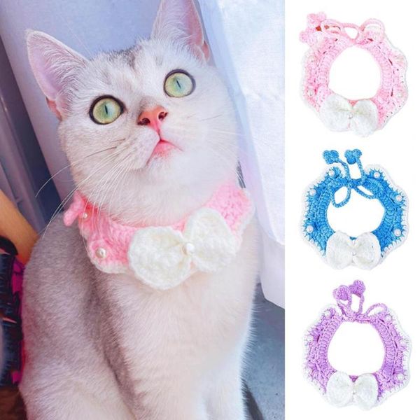 

cat collars & leads collar pet bib bow-knot pearl dress-up adjustable knitted necklace cats dogs for holiday