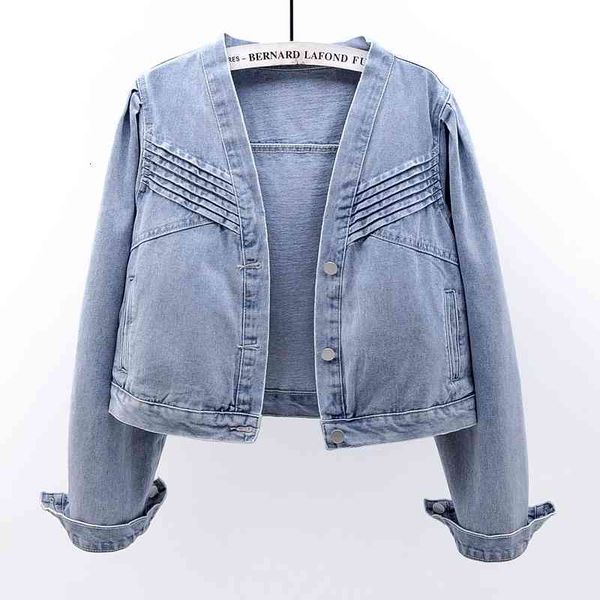 

women's fur & faux plus size women denim jacket short spring autumn chest folds long sleeve loose vintage jeans coat female cloth, Black