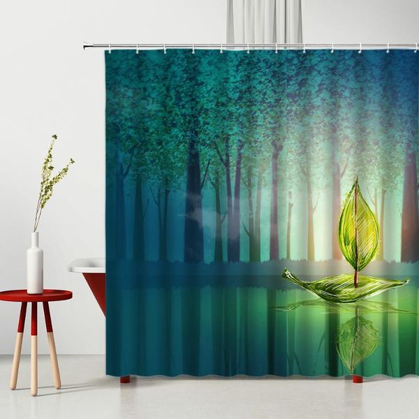 

shower curtains misty forest curtain creative green leaf sailing tall trees natural landscape washable fabric bath home decor