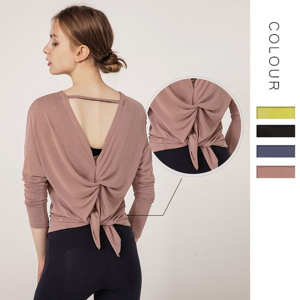 

original yoga suit solid color split back t-shirt women's sports running quick drying fitness long sleeve blouse, Gray