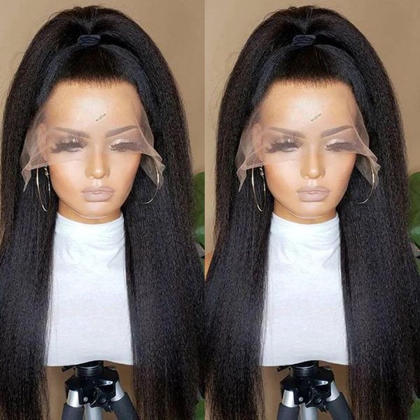 

synthetic wigs 1b lace front wig yellow long kinky straight heat resistant fiber hair natural hairline medium parting for women, Black