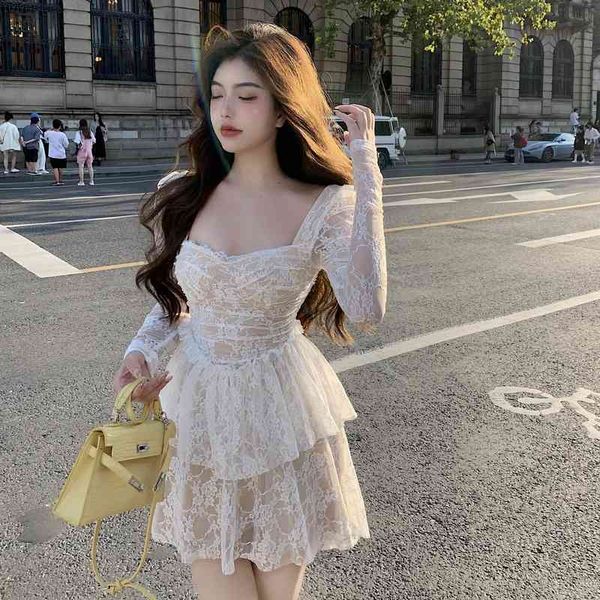 

women chic dress autumn french sweet gentle lace square collar long sleeve double layer a-line female dresses, Black;gray