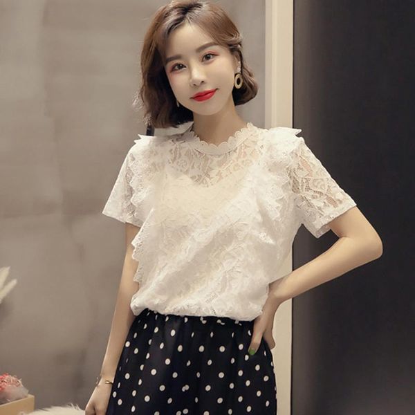 

feitong women blouse shirt hollow out lace o-neck short sleeve ladies solid streetwear elegant office women's blouses & shirts, White
