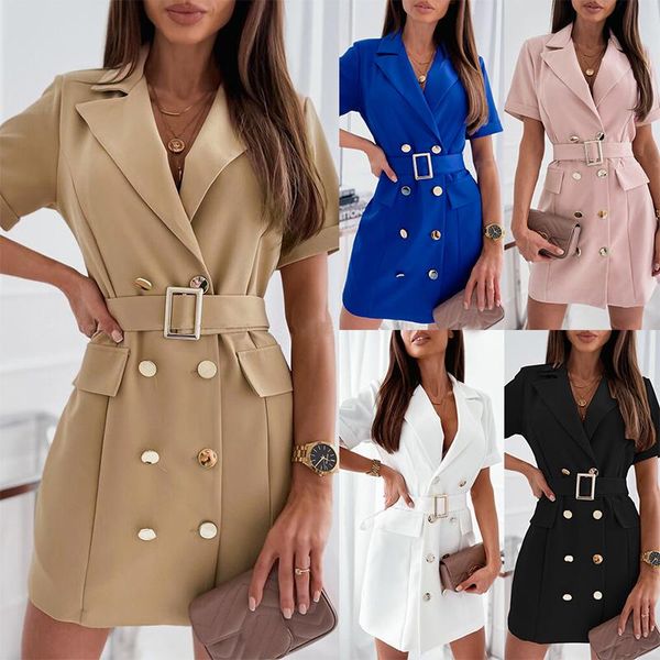 

party dresses women autumn summer turn-down collar solid casual suit short sleeve dress elegant office double breasted fashion vestidos, White;black