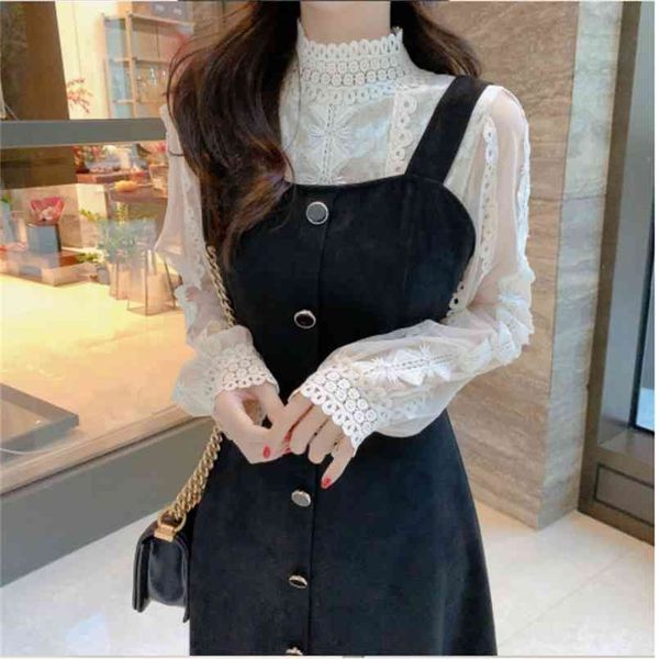 Inverno Sundress Vestido Vintage Sleeveless Suits Mulheres Vestidos Feminino Lace Blusa Robe Femme Vestido Duas Roupas 210423