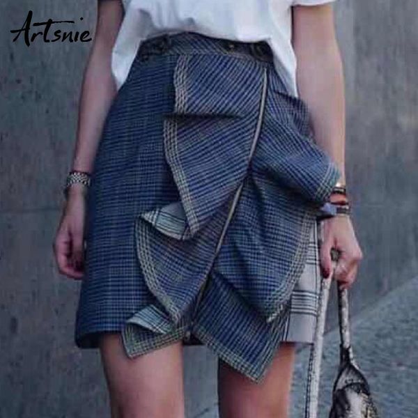 

skirts artsnie blue plaid patchwork high waist ruffles short skirt women autumn 2021 streetwear vintage zipper mini femme jupe, Black
