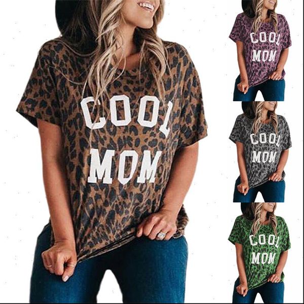 

womens cool mom letter leopard printed short sleeve t shirt women fashion summer loose tee shir, White