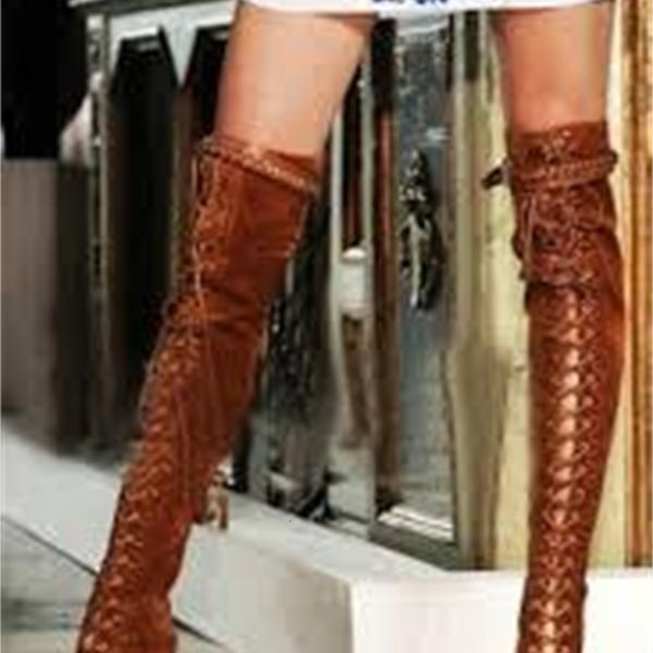 

boot european brown suede leather on the knee lace up peep toe buckle belts thin metal high heels long sandals boots, Black