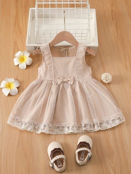 

baby floral embroidery mesh overlay bow front ruffle trim dress she, Red;yellow