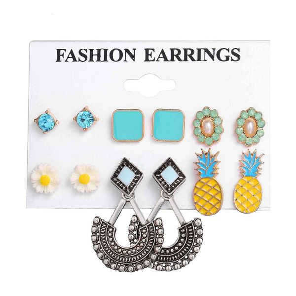 

earrings creative turquoise diamond geometric alloy pineapple white set 6 pieces, Golden