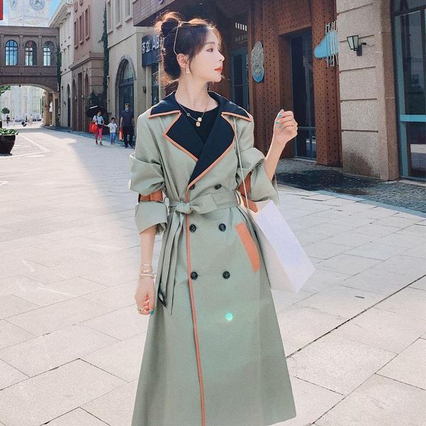 

women's trench coats windbreaker spring autumn long korean loose ladies cape casual coat female splicing lapel retro windproof jacket, Tan;black