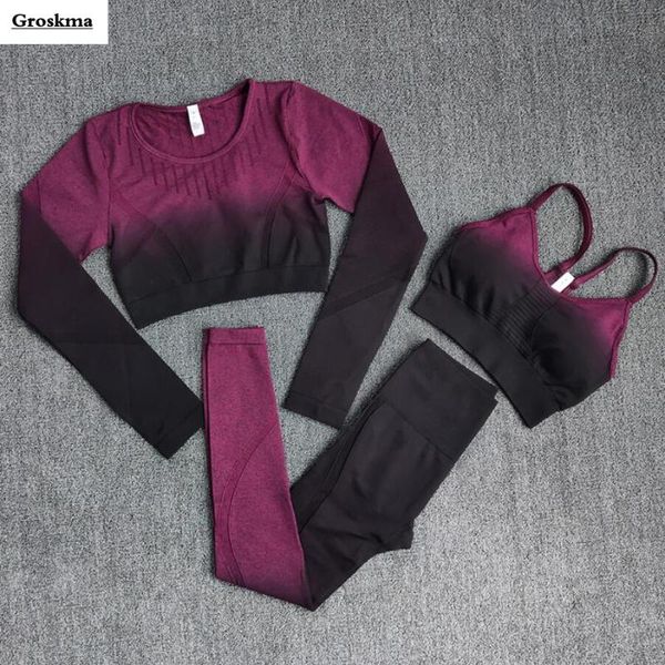 

yoga outfit gradient long sleeve crop t shirt+bra+high waist pants seamless women 3 piece set fitness gym sportswear running suits