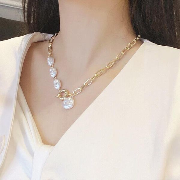 

korean baroque irregular pearl necklaces for women punk gold color geometric thick chain choker necklace 2021 trendy jewelry pendant, Silver