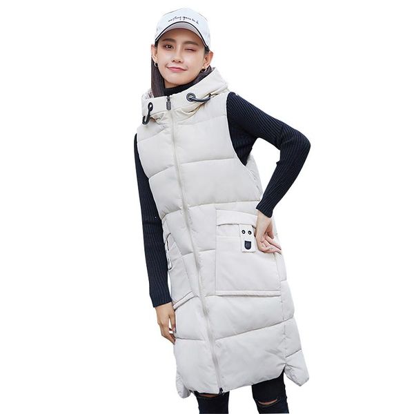

women's vests nice winter cotton padded vest women loose mid-length hooded waistcoats solid warm pockets coats female ld1907, Black;white