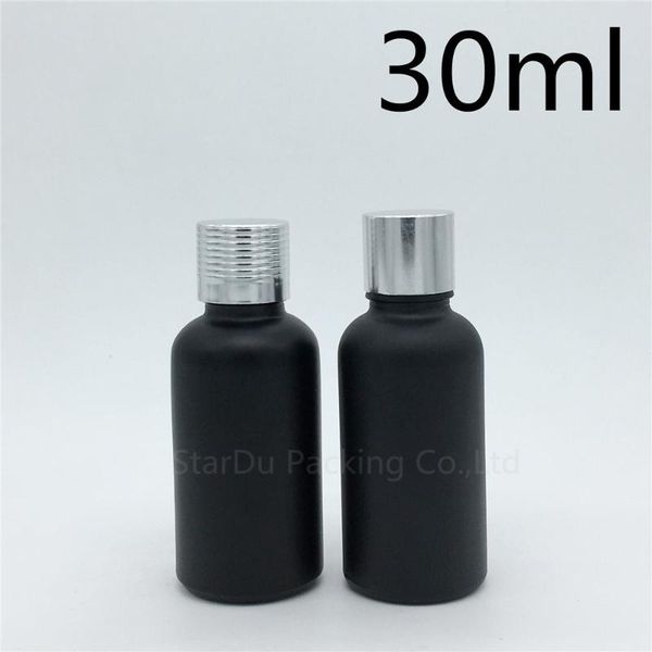 

10pcs 30ml black frosted glass bottle vials essential oil with silvery screw cap 30cc perfume bottles storage & jars