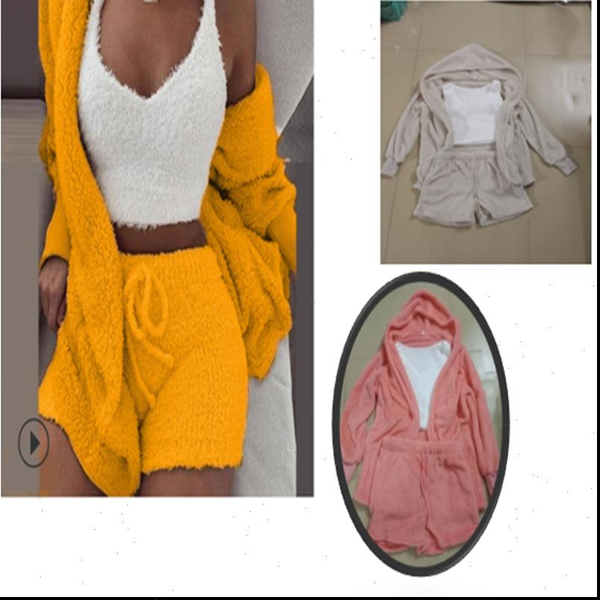 

cross border wear european and women sleepwear american winter plush home clothing leisure 3 piece pajamas long sleeved exposed nave, Black;red