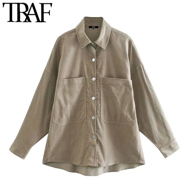 

traf women fashion with pockets oversized corduroy blouses vintage long sleeve button-up female shirts chic overshirt 210415, White