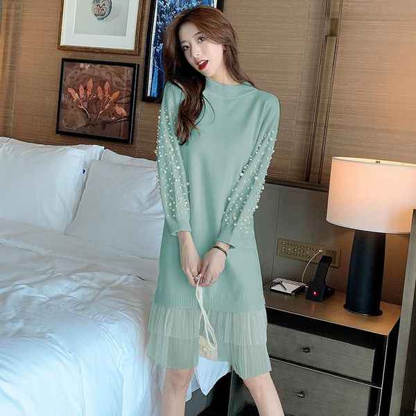 

casual dresses women autumn winter beaded long sleeve knitted dress vintage mesh ruffles patchwork o-neck sweater vestidos, Black;gray