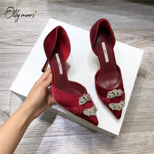 

dress shoes ollymurs fashion spring summer real leather women pumps black red pointed toe slip on crystal thin mid heel woman