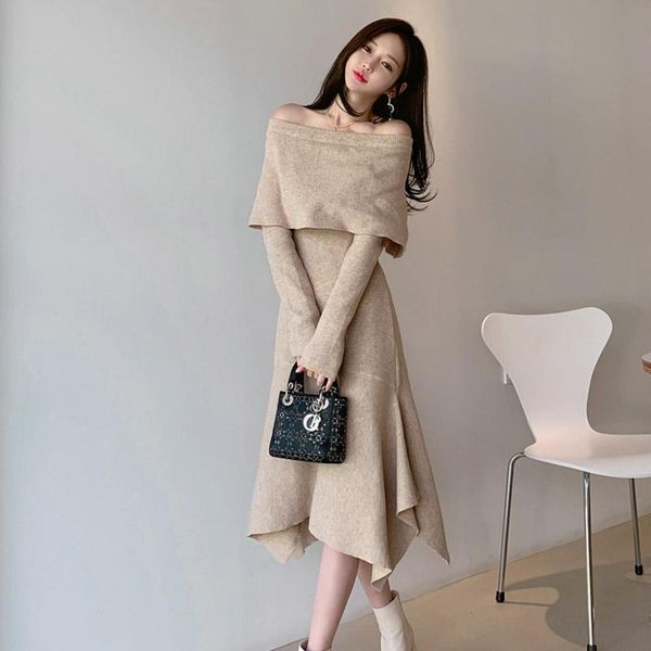 

casual dresses korean autumn winter mermaid long sweater dress women off shoulder elegant female a-line midi knitted vestidos, Black;gray