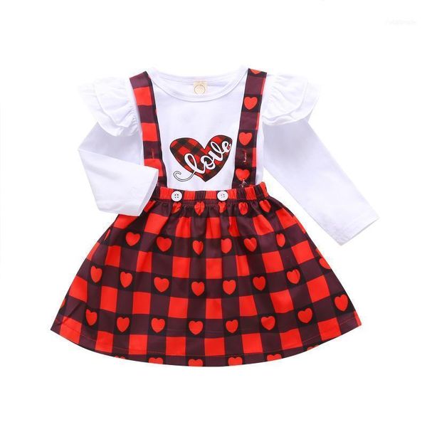 

clothing sets infant baby girls two pieces autumn alentine's day suits sweet love heart long sleeve suspender plaid skirts1, White