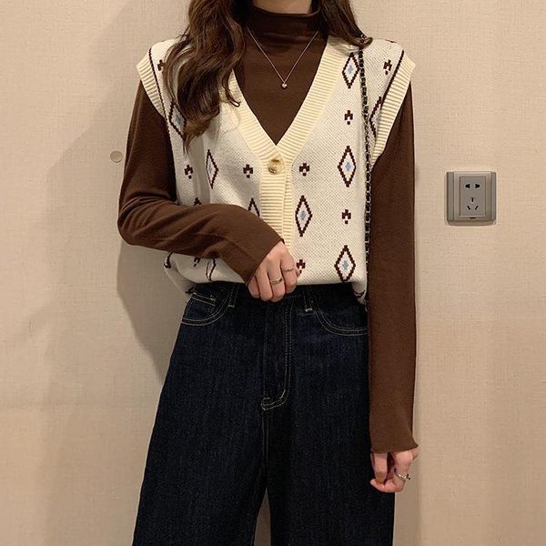 

women's vests bazhenova geometric cardigan vest women argyle sweater korean fashion v-neck waistcoat female casual jacket t3350, Black;white